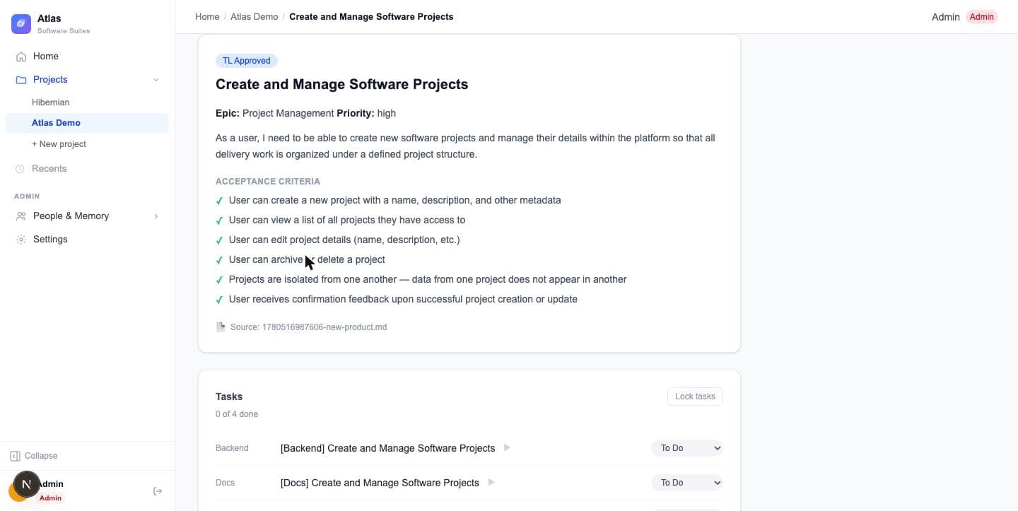 Atlas requirement detail page showing acceptance criteria and auto-generated tasks